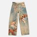 High Street Style Men's And Women's Graffiti Print Ripped Jeans Mid Waist Loose Long Pants European American Fashion Lace Up_mkmklike.com