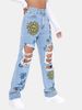 Women's Clothing Fashion Ripped Print Straight High Waist Slim Denim Trousers Versatile Trendy Jeans_mkmklike.com