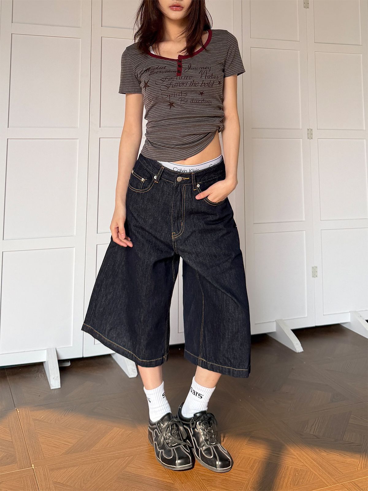 Unisex Raw Denim Straight Leg Cropped Trousers American Style mid Length Loose Wide Leg Multi Pocket Design New Summer_mkmklike.com
