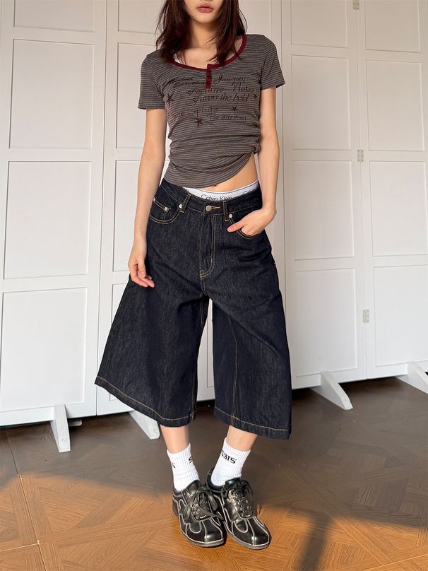Unisex Raw Denim Straight Leg Cropped Trousers American Style mid Length Loose Wide Leg Multi Pocket Design New Summer_mkmklike.com