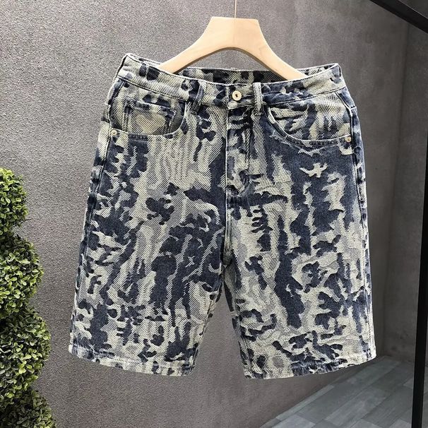Men's Jacquard Denim Shorts Stylish American Trendy Look Summer Thin Straight Leg Mid-Length_mkmklike.com