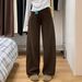 Brown Curved Hem Jeans For Women, Early Autumn Style, Plus Size, High-waisted, Loose Fit, Hip-covering, Slimming,_mkmklike.com