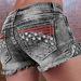 Women's Fashion Embroidered Denim Shorts European American Style Hot Selling Elastic Patch Ripped Shorts_mkmklike.com