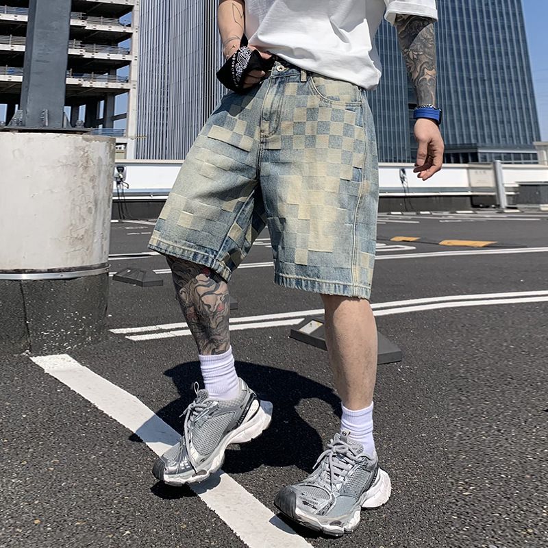 Men's Clothing High Street Plaid Denim Shorts Trend Retro Loose Straight Jacquard Five Point Pants_mkmklike.com