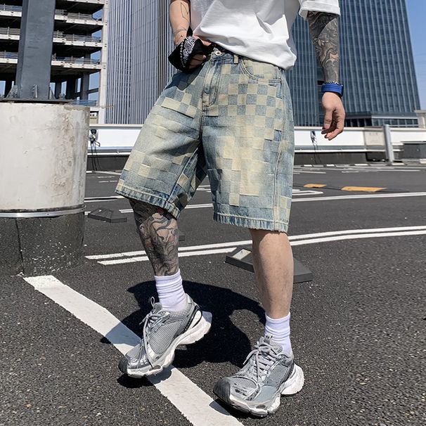 Men's Clothing High Street Plaid Denim Shorts Trend Retro Loose Straight Jacquard Five Point Pants_mkmklike.com