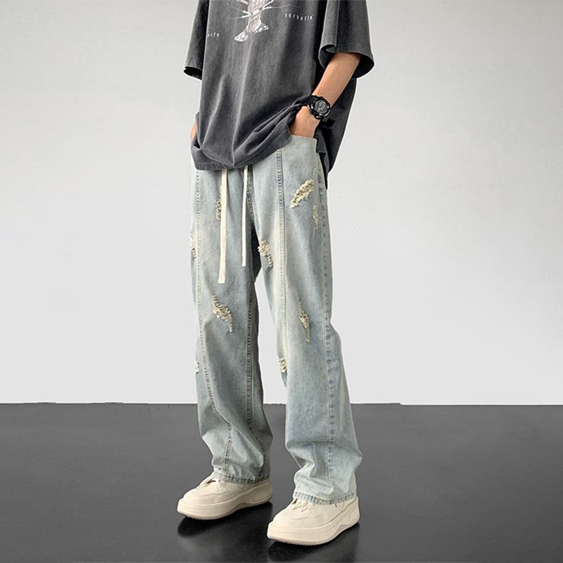 Nordmann High Street Vibe Style Jeans Men Loose Straight Wide Leg Casual Autumn Winter American Trend Versatile Ripped Pants_mkmklike.com