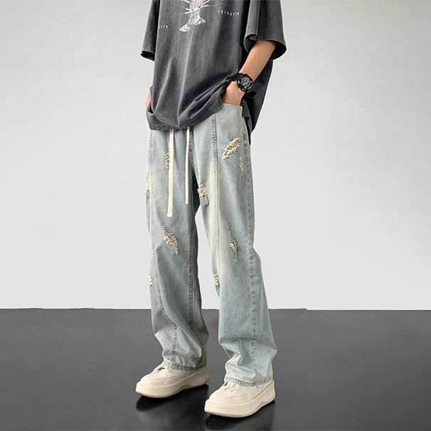 Nordmann High Street Vibe Style Jeans Men Loose Straight Wide Leg Casual Autumn Winter American Trend Versatile Ripped Pants_mkmklike.com