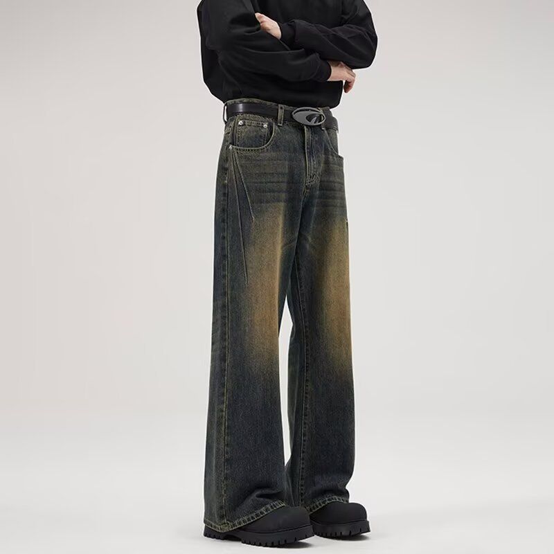 Men's Retro Distressed Washed Flared Jeans Midweight Straight Leg Trousers Trendy American Style Loose Dad Jeans Floor Length_mkmklike.com
