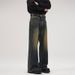 Men's Retro Distressed Washed Flared Jeans Midweight Straight Leg Trousers Trendy American Style Loose Dad Jeans Floor Length_mkmklike.com