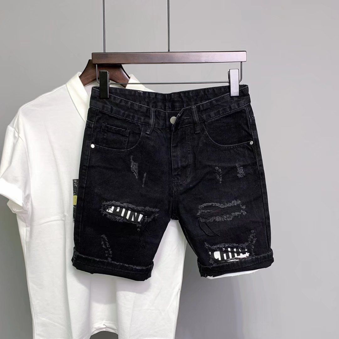 Summer Men Ripped Patchwork Denim Shorts Straight Button Zipper Pockets Shorts Knee-Length Denim Short Pants_mkmklike.com