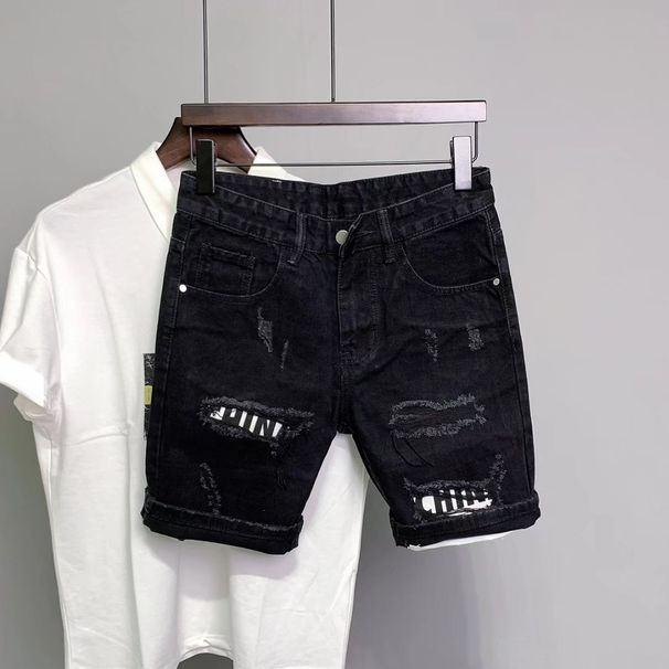 Summer Men Ripped Patchwork Denim Shorts Straight Button Zipper Pockets Shorts Knee-Length Denim Short Pants_mkmklike.com