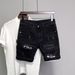 Summer Men Ripped Patchwork Denim Shorts Straight Button Zipper Pockets Shorts Knee-Length Denim Short Pants_mkmklike.com