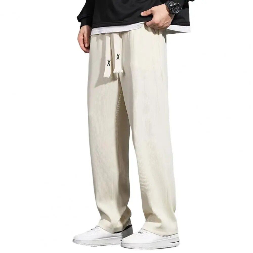 Casual Sports Long Pants Male Garment Men Casual Pants Solid Color Drawstring Elastic Waist Loose Fit Long Trousers_mkmklike.com