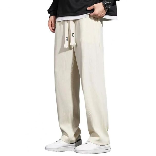 Casual Sports Long Pants Male Garment Men Casual Pants Solid Color Drawstring Elastic Waist Loose Fit Long Trousers_mkmklike.com