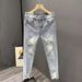 Ins Korean Version Men's Ripped Hole Slim Fit Nine Inch Jeans Summer Youth Fashion Light Blue Rotten Legs Tight Fitting_mkmklike.com