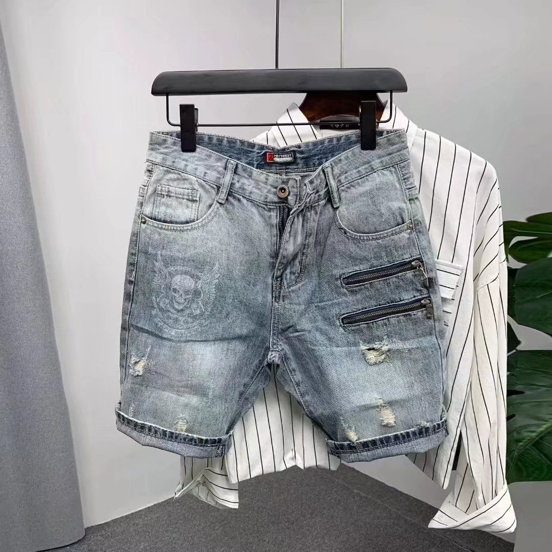 Retro Heavy Washed Distressed Work Shorts for Men Loose Straight Denim Summer Trendy Clothing_mkmklike.com
