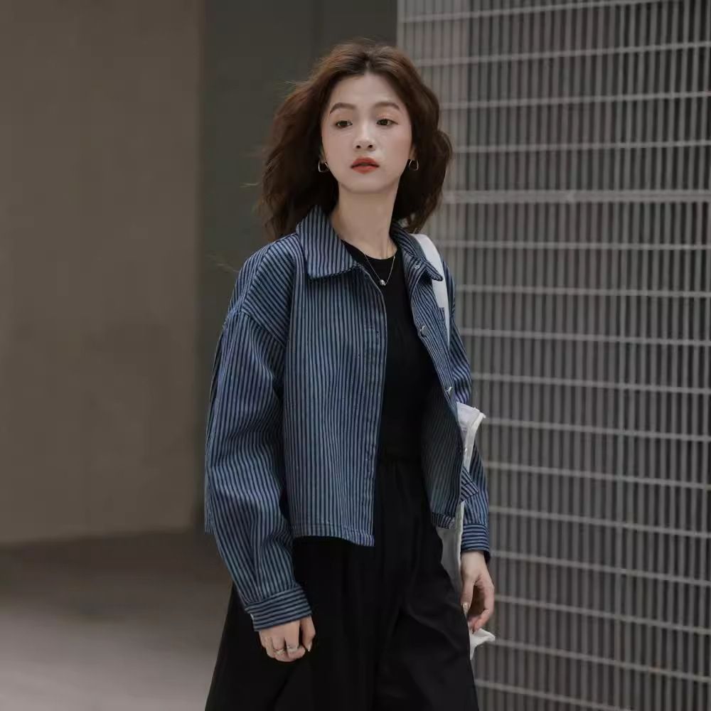 Chicco 2024 Autumn New Style Atmosphere Korean Commuter Striped Denim Shirt Women Long Sleeve Turn-down Collar Single-breasted_mkmklike.com