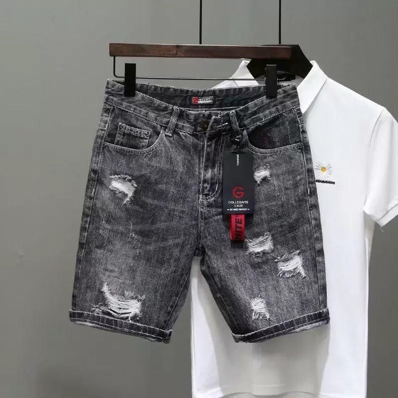 Men's Clothing Summer Thin Gray Ripped Denim Shorts Men's Style Slim Stretch Shorts Trendy Retro Pants_mkmklike.com
