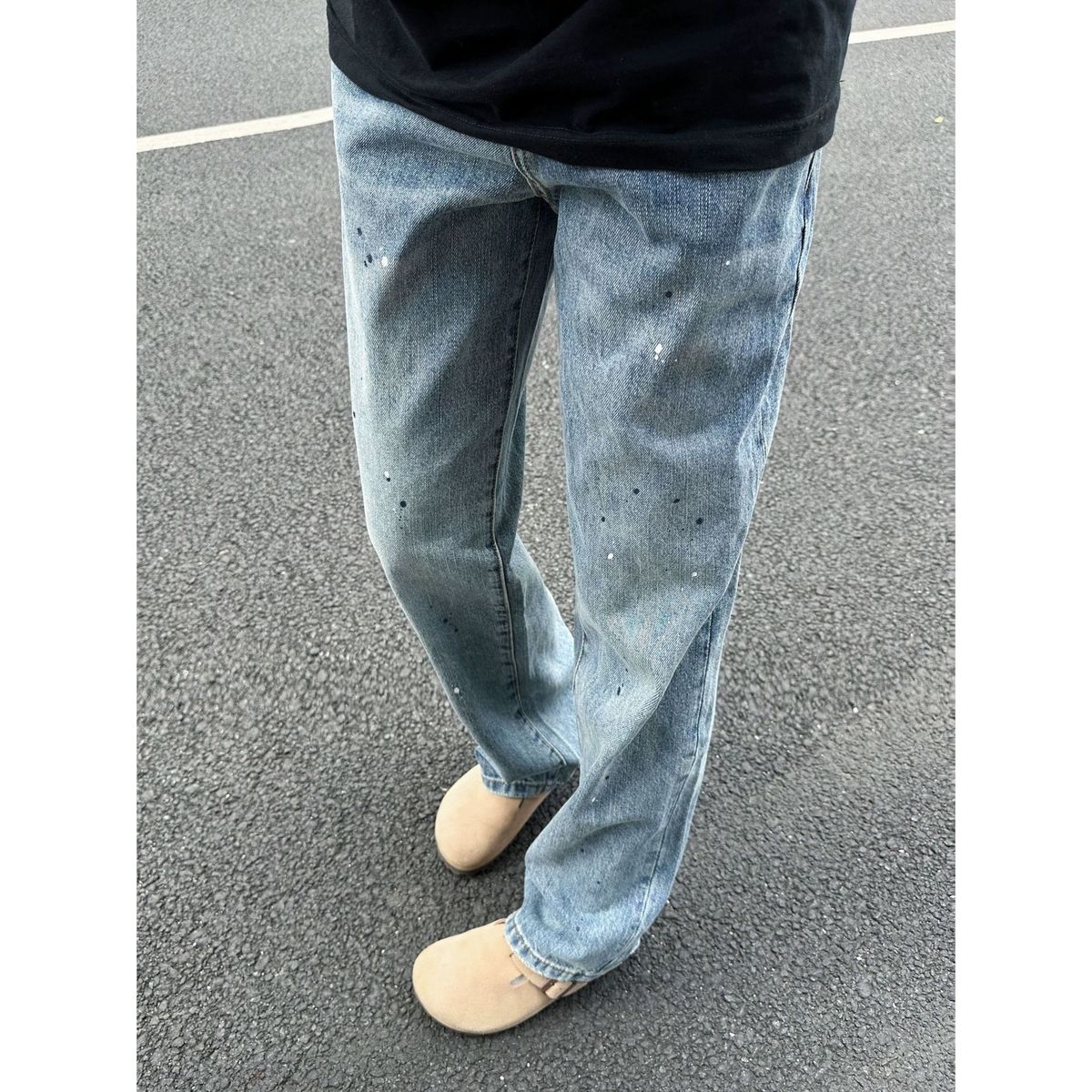 Spring Splatter Ink Niche Wash Trendy Jeans For Men Style Retro Distressed Casual Straight Leg Pants_mkmklike.com
