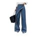 Women's Clothing Women's Casual Denim Pants Straight Leg Wide Leg Pants Irregular Butt Flap Eyelet Solid Color_mkmklike.com