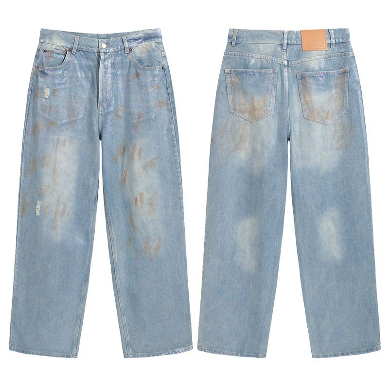 New Trendy Brand AC Gradient Silver Coated Jeans Washed Vintage Distressed American Style Unisex Straight Pants_mkmklike.com