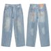 New Trendy Brand AC Gradient Silver Coated Jeans Washed Vintage Distressed American Style Unisex Straight Pants_mkmklike.com
