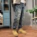 Men's Washed Vintage Style Distressed Patched Jeans Tapered Straight Leg High Street Fashion Cool Trendy Long Pants_mkmklike.com