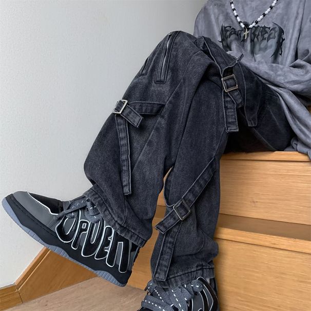 Men's Streetwear Cargo Jeans – Zip & Strap Detail, Loose Fit, High-Street Aesthetic (S-3XL, Black/Blue)_mkmklike.com