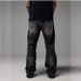 Men's Clothing Lightning Flower Three Dimensional Wrinkled Heavy Wash Loose Bootcut Jeans_mkmklike.com