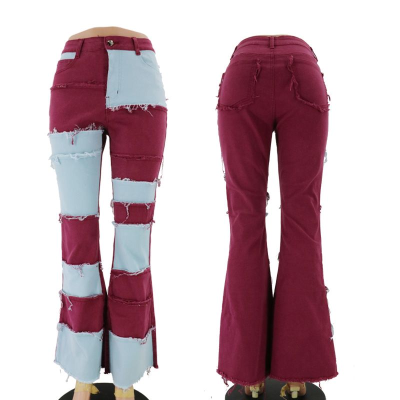 Women's Clothing Autumn New Fashion Contrast Patchwork High Waist Tight Hip Flared Women's Denim Trousers_mkmklike.com