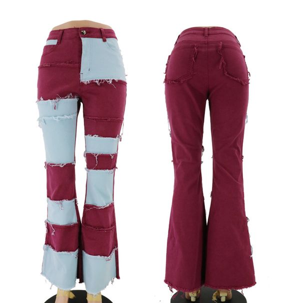 Women's Clothing Autumn New Fashion Contrast Patchwork High Waist Tight Hip Flared Women's Denim Trousers_mkmklike.com