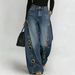 High Waisted Wide Leg Jeans for Women Washed Unique Style with Metal Perforations Summer Export Stock Cross Border Trade_mkmklike.com