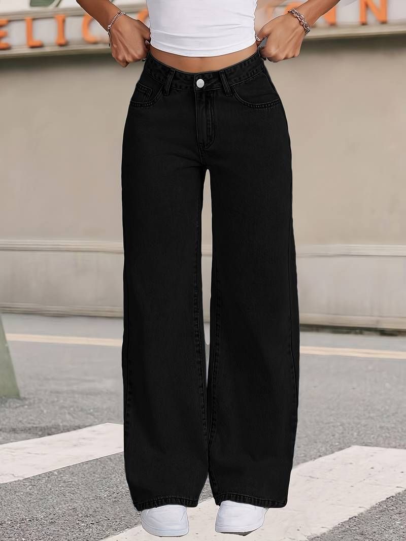 High Waisted Loose Fitting Wide Leg Trousers Floor Length Black Straight Leg Jeans for Women_mkmklike.com