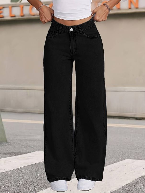 High Waisted Loose Fitting Wide Leg Trousers Floor Length Black Straight Leg Jeans for Women_mkmklike.com