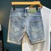 Men's Trendy Ripped Stretchy Slim Fit Jeans Blue Embroidered Patches Mid Length Shorts Korean Style Basic Straight Leg In Stock_mkmklike.com