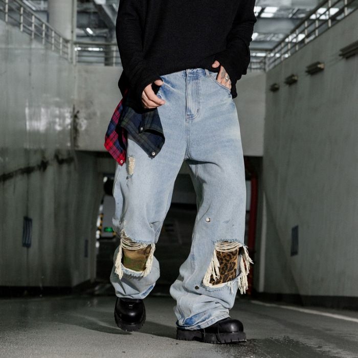 Men's Patchwork Distressed Jeans - American Vintage Wide-Leg Denim Pants With Removable Patches_mkmklike.com