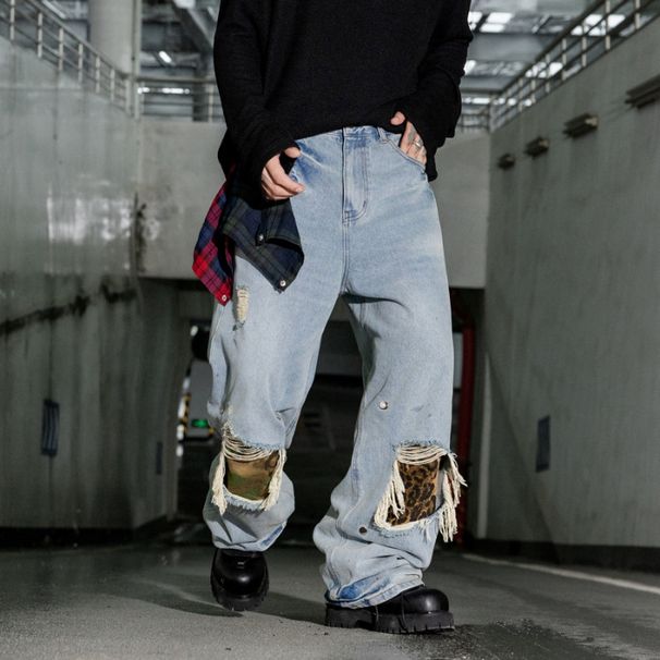 Men's Patchwork Distressed Jeans - American Vintage Wide-Leg Denim Pants With Removable Patches_mkmklike.com