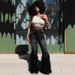 K New Stretchy Jeans Versatile High-waisted Faux Old Pearl Embellished Feather Jeans_mkmklike.com