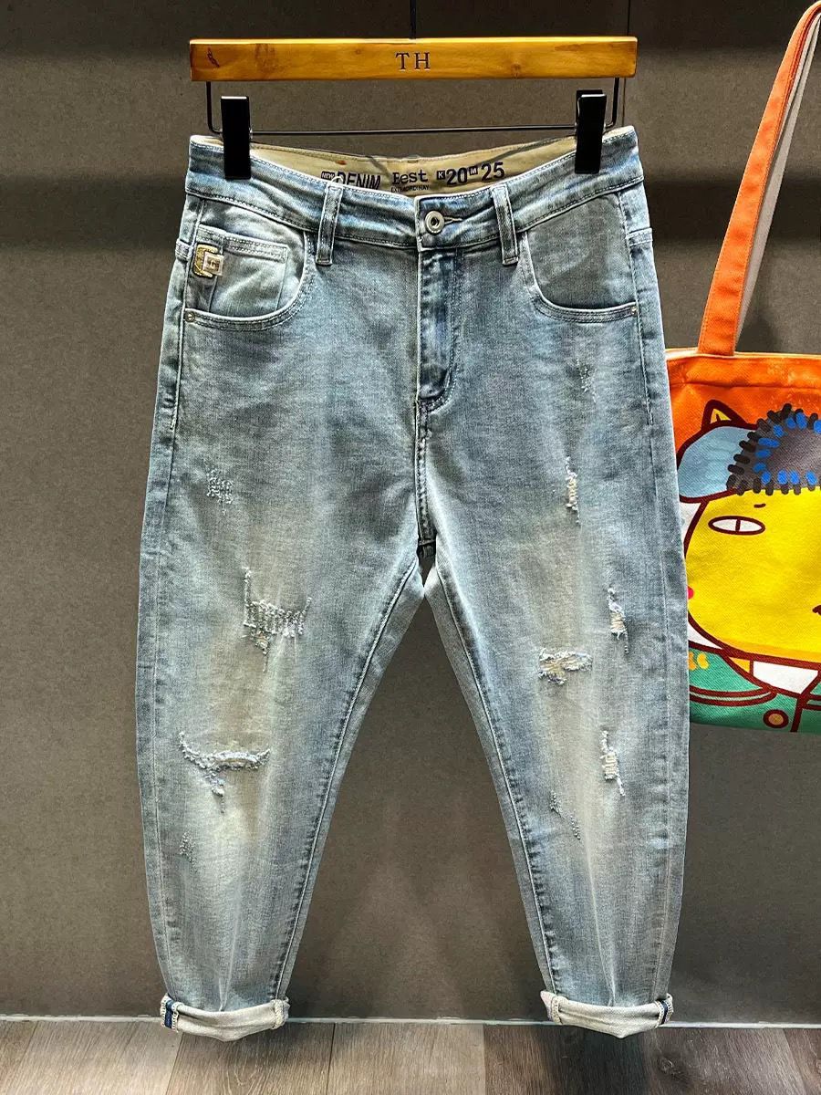 Men's Clothing Retro Nine Point Jeans Men's Trendy Brand Slim Fitting Skinny Spring And Autumn Style Handsome Print Casual 9 Pants_mkmklike.com