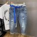 Men's Slim Fit Stretch Jeans Distressed Nine-Tenths Denim Pants Breathable Cotton Mid-Rise Button Fly Light Wash Blue Casual Streetwear_mkmklike.com