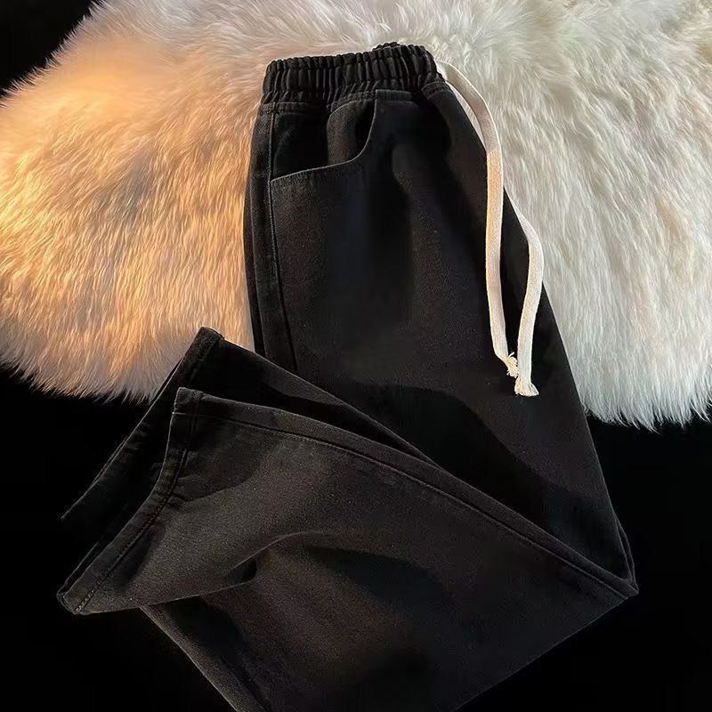 Men's Clothing Elastic Waist Straight Drawstring Jeans Men's Wear Resistant Loose Retro Hong Kong Style Work Wide Leg Pants_mkmklike.com