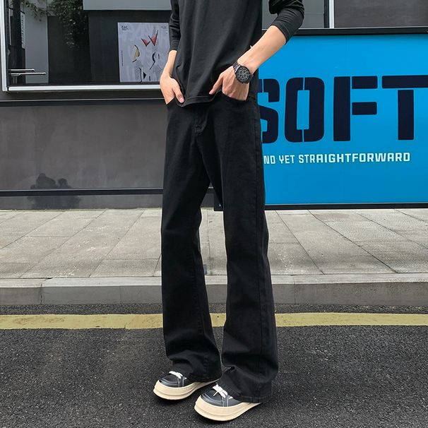 Black Stretchy Curved Hem Jeans For Men, Leg-lengthening, American High Street Vibe Pants, Straight Narrow Fit, Slightly_mkmklike.com