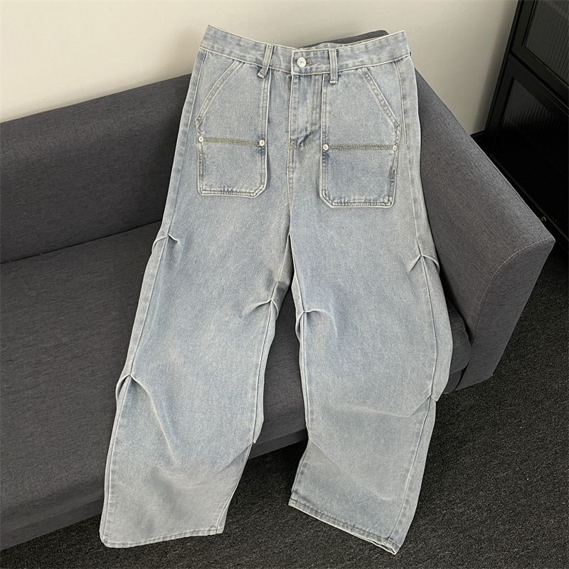 High Waist American Style Workwear Jeans Retro Wide Leg Pants Cleanfit Pleated Casual Straight Leg Trousers for Men_mkmklike.com