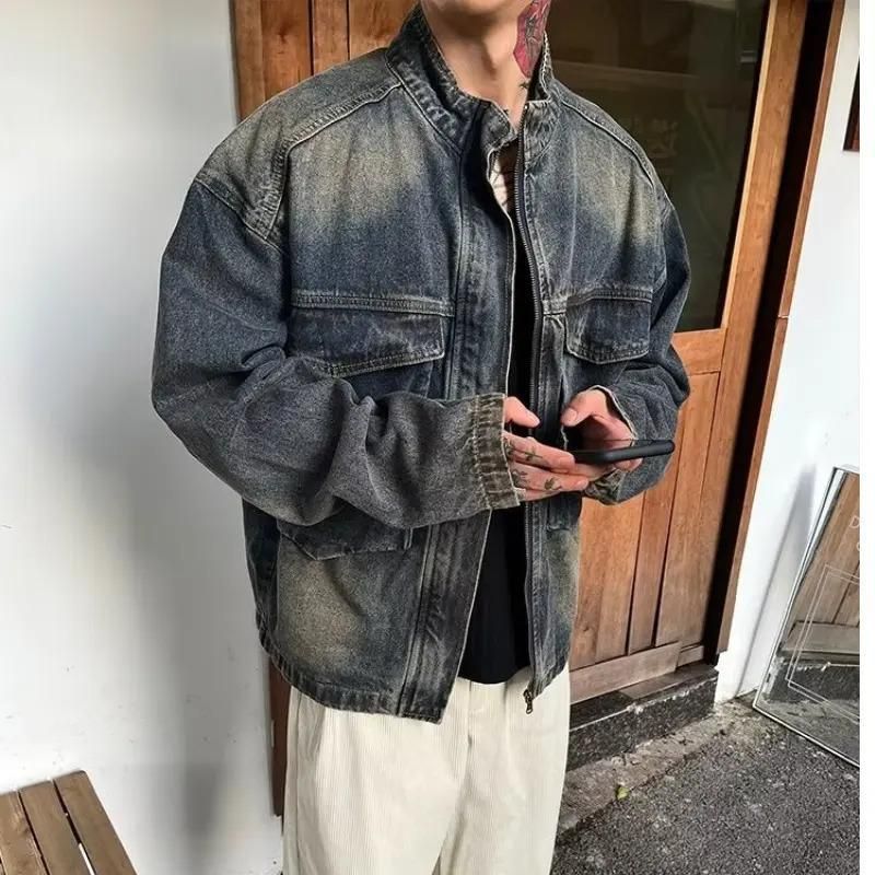 Retro Nostalgic Blue Stand Up Collar Denim Jacket, Men's Versatile Jacket, Youth Top_mkmklike.com