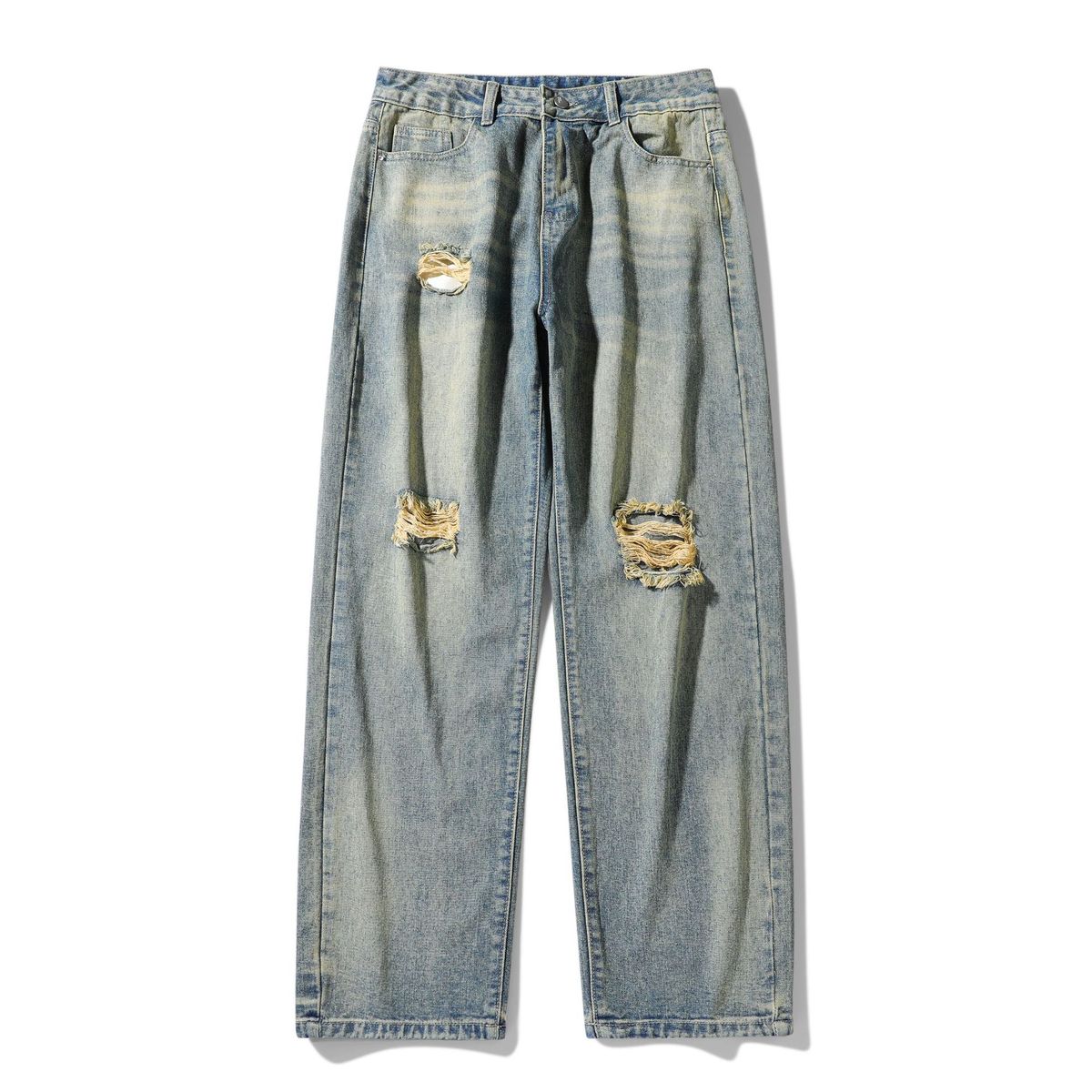 Men's Distressed Vintage Washed Jeans - Loose Fit Straight Leg Casual Trousers For Streetwear Fashion_mkmklike.com