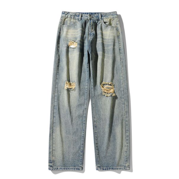 Men's Distressed Vintage Washed Jeans - Loose Fit Straight Leg Casual Trousers For Streetwear Fashion_mkmklike.com