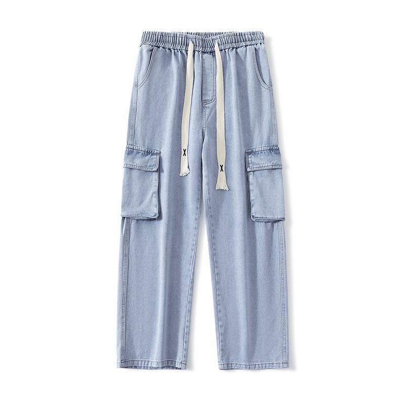 Men's Retro Style Wide Leg Jeans Loose Fit Trendy Cargo Pants High Street Multi Pocket Casual Functional Mid Waist Black Blue_mkmklike.com