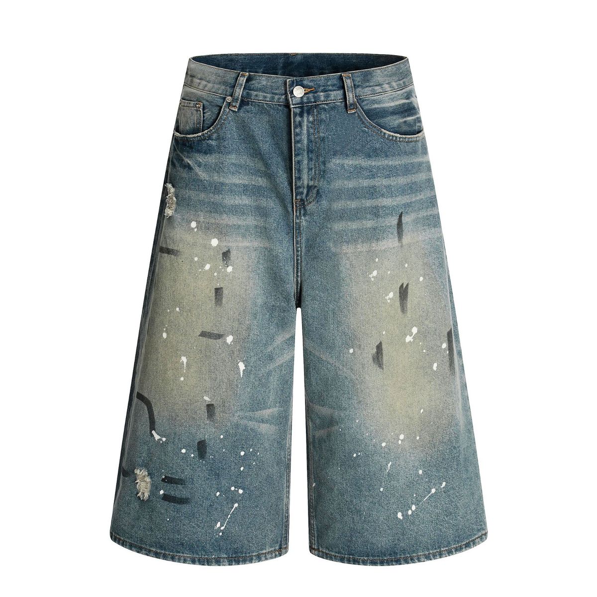 Men's Clothing High Street Neutral High End Retro Hand Painted Ink Design Loose Men's Seven Point Denim Shorts_mkmklike.com