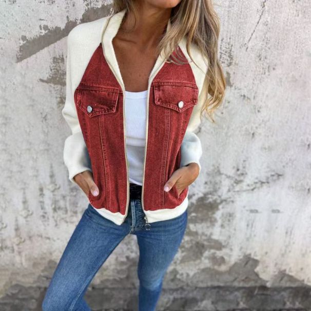 Women's Denim Patchwork Jacket With Raglan Sleeves - Stylish & Comfortable Casual Coat For Fall & Winter_mkmklike.com