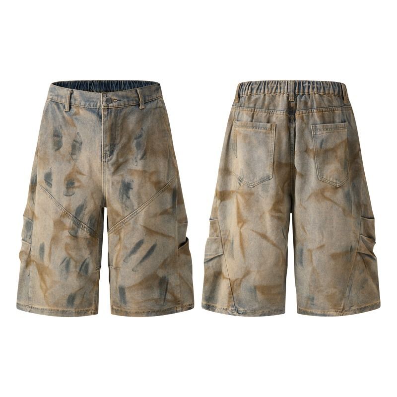 Men's Retro Distressed Workwear Jeans Curved Loose Wide Leg Cropped Pants Trendy Wasteland Style Summer Fashion_mkmklike.com